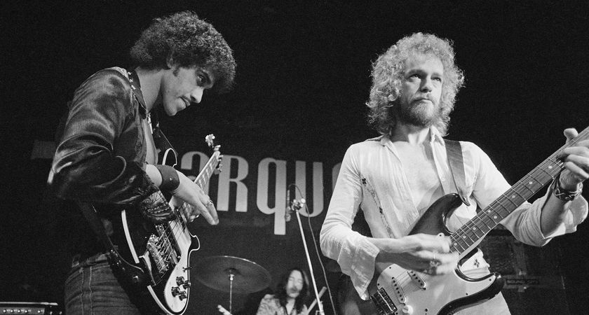 Phil Lynott and Eric Bell of Thin Lizzy perform at London&#039;s Marquee in 1973.