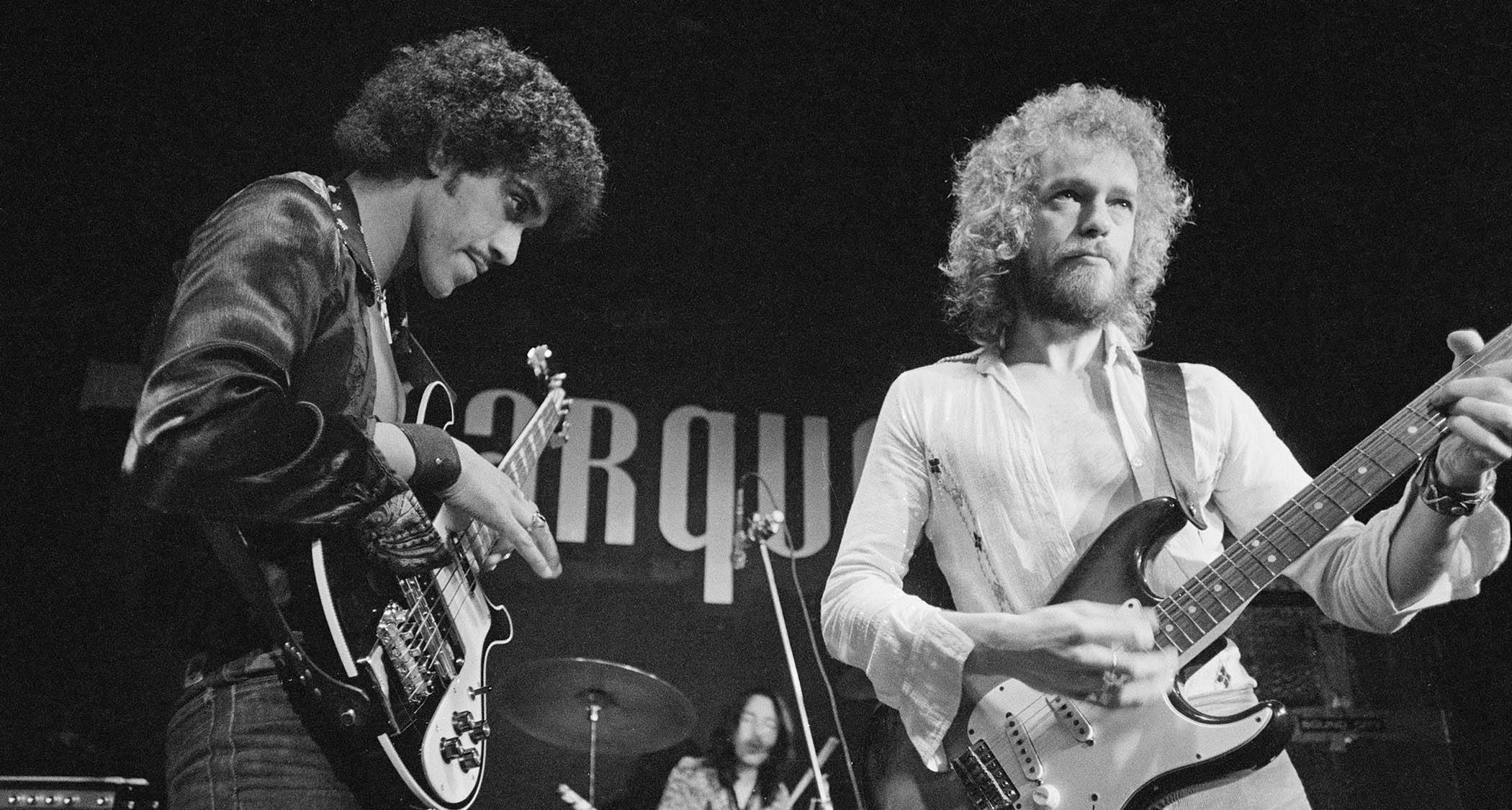 Phil Lynott and Eric Bell of Thin Lizzy perform at London&#039;s Marquee in 1973.