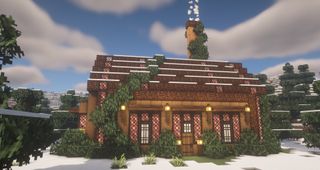 Minecraft cabin build idea - A spruce cabin with stained glass windows and lots of spruice leaves climbing the roof. Uses texture pack by Mizuno.