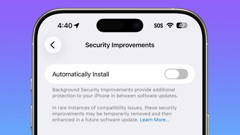 A screenshot of the Security Improvements screen in iOS 26.1