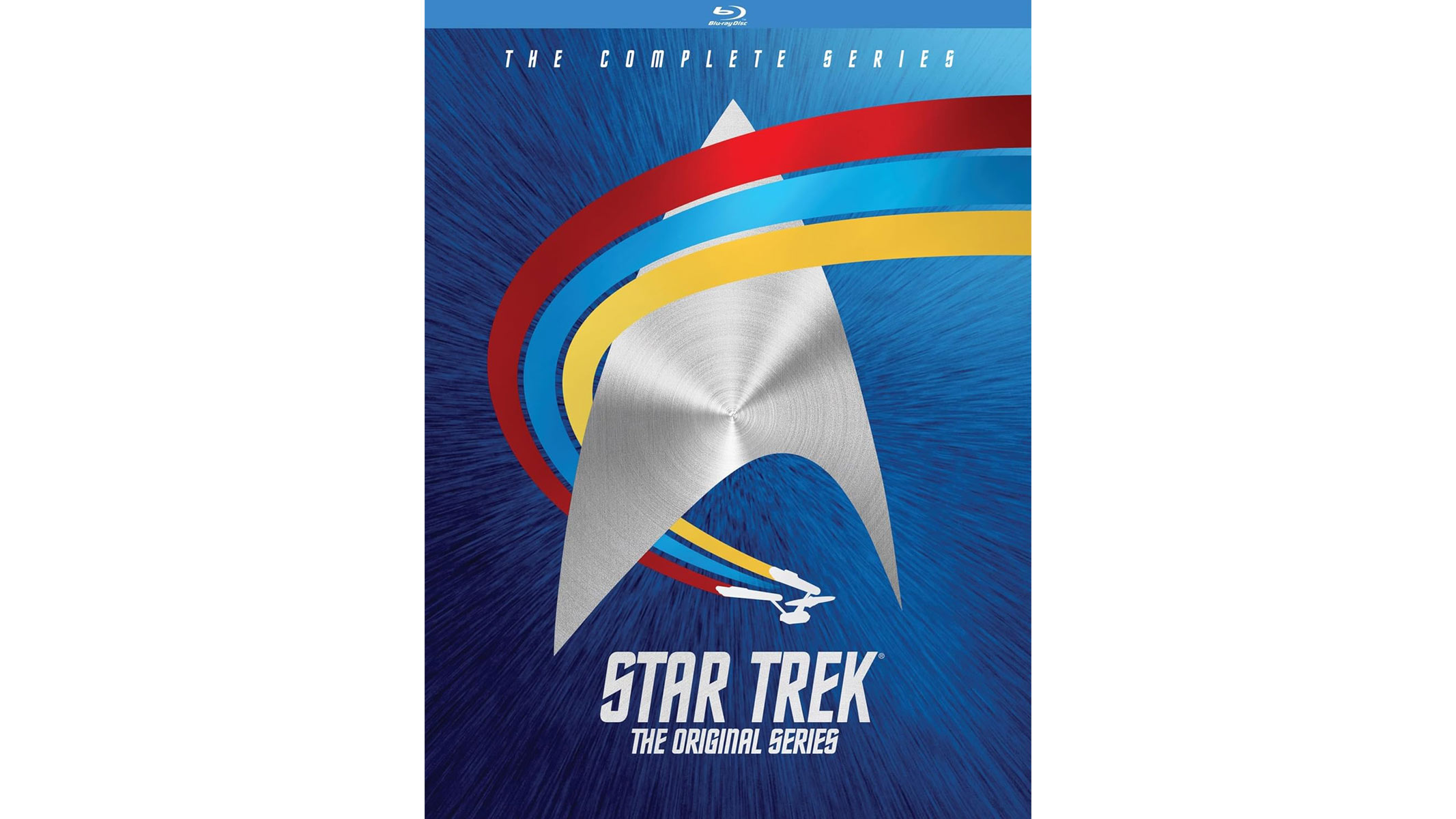 A blue rectangular box with a silver triangular-shaped emblem in the center is on a white background.