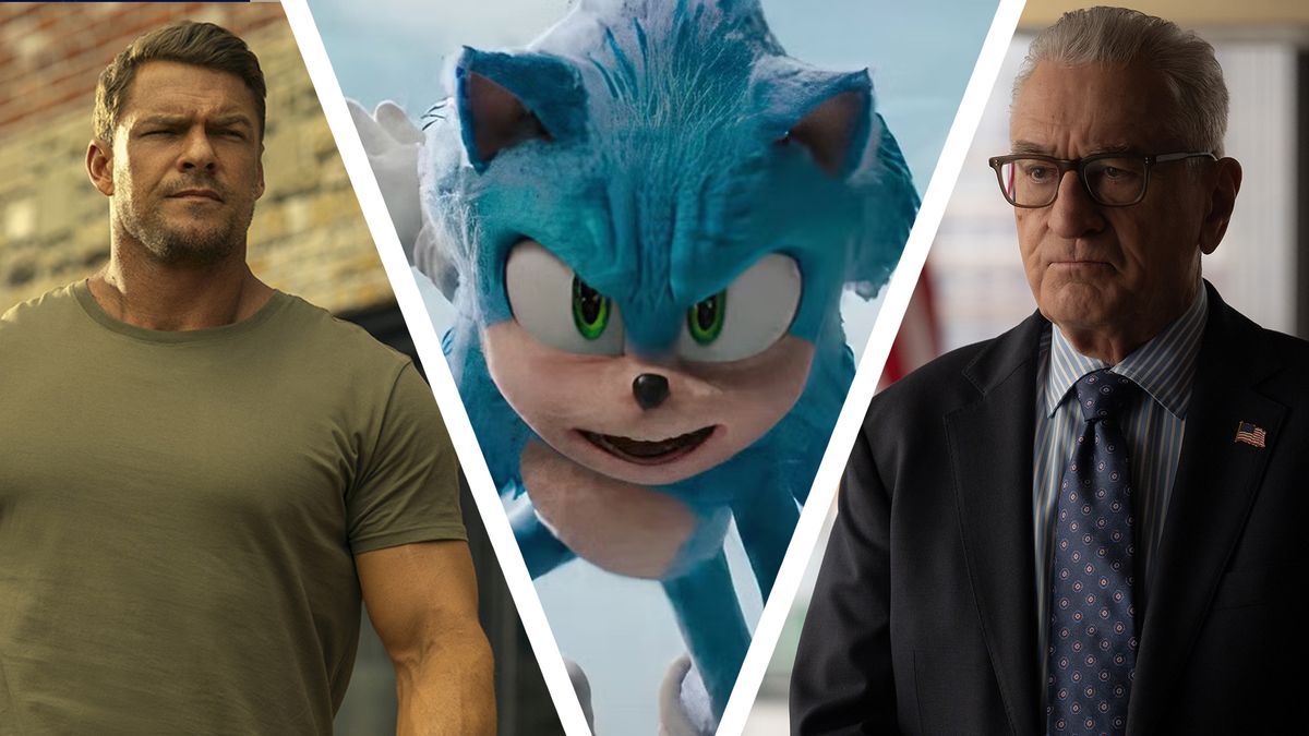 A collage image of Alan Ritchson&#039;s Jack Reacher in season 3, Sonic in Sonic the Hedgehog 3, and Robert de Niro in Zero Day