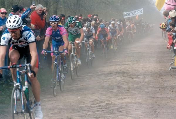 The riders lined out in the Forest of Arenberg in 2000