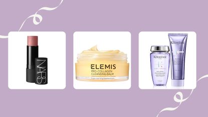 Three products in the lookfantastic Black Friday sale, Elemis Kerastase and Nars on a violet backdrop