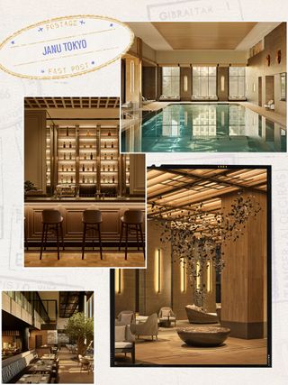 A collage of four images depicting the interior design of a new hotel in Tokyo, including a restaurant and a pool.