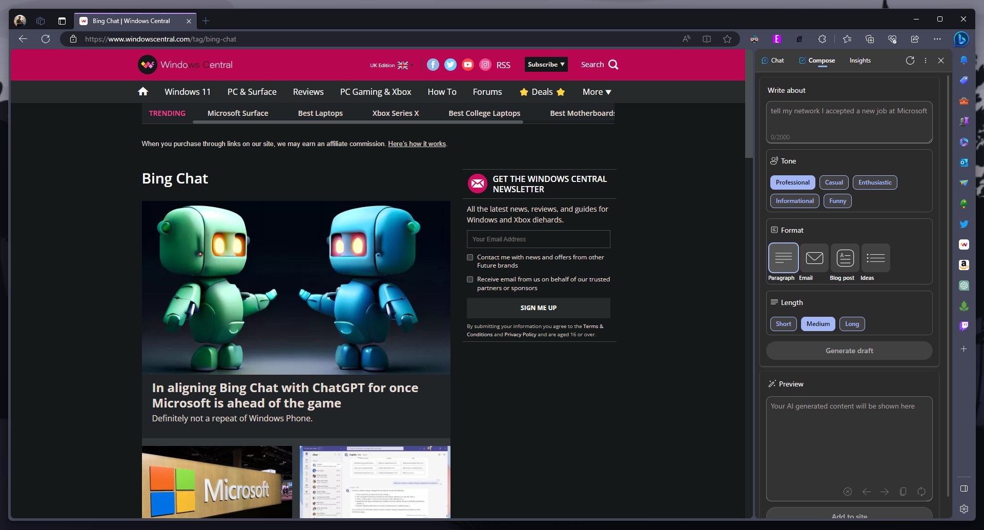 Bing Chat en Edge Sidebar junto con el sitio web de Windows Central