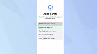 iOS Apps & Data with Restore from Mac or PC highlighted