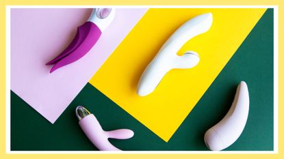 Collection of different types of sex toys on a pink, green and yellow background. Sex toys for adults, dildos, clit vibrators, clitoral stimulators.
