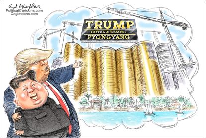 Political cartoon U.S. Trump Kim Jong Un Pyongyang North Korea Singapore nuclear summit hotel business