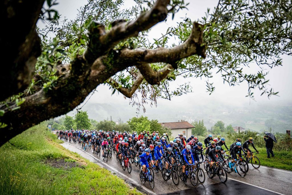 The pack of riders pictured in action during a passage through Santa Paolina in the Avellino province in the Campania region during stage five of the 2023 Giro DItalia cycling race from Atripalda to Salerno 171 km in Italy Wednesday 10 May 2023 The 2023 Giro takes place from 06 to 28 May 2023 BELGA PHOTO JASPER JACOBS Photo by JASPER JACOBS BELGA MAG Belga via AFP Photo by JASPER JACOBSBELGA MAGAFP via Getty Images