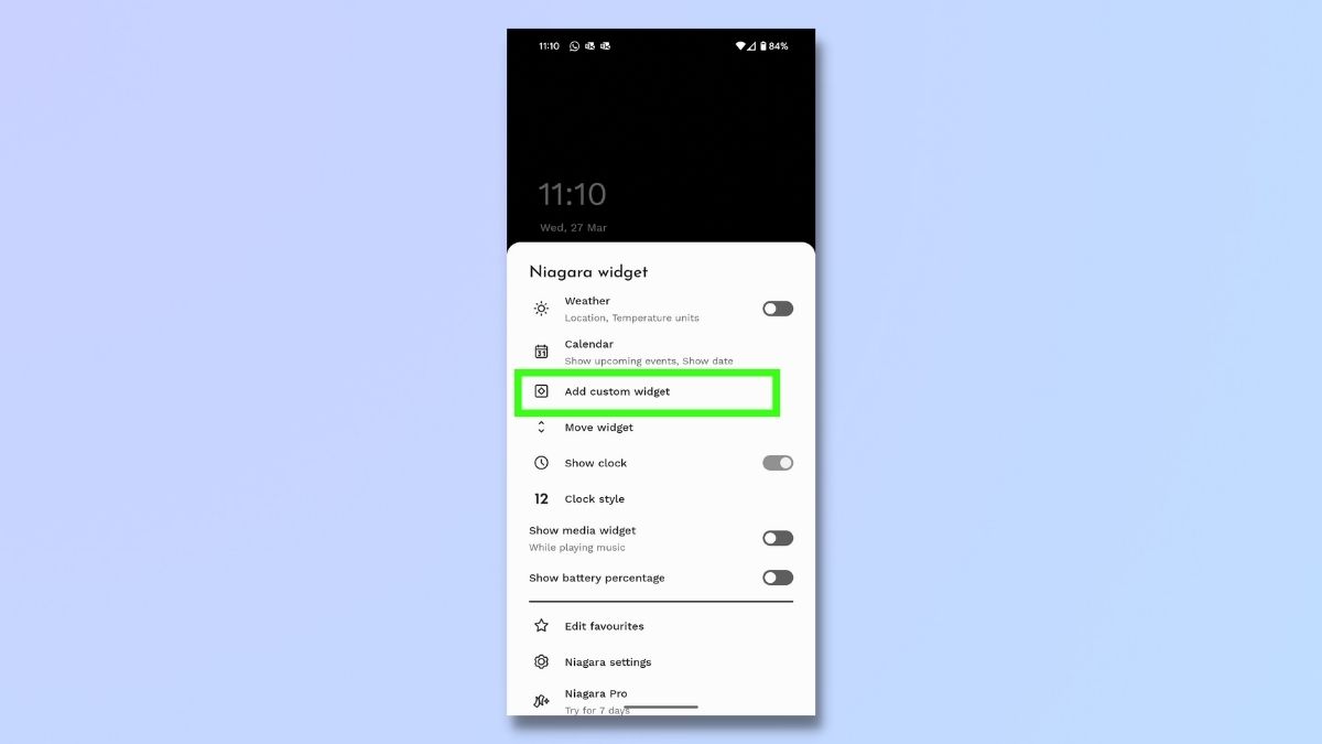 Captura de pantalla que muestra cómo apilar widgets en Android usando Niagara: abra el menú Configuración