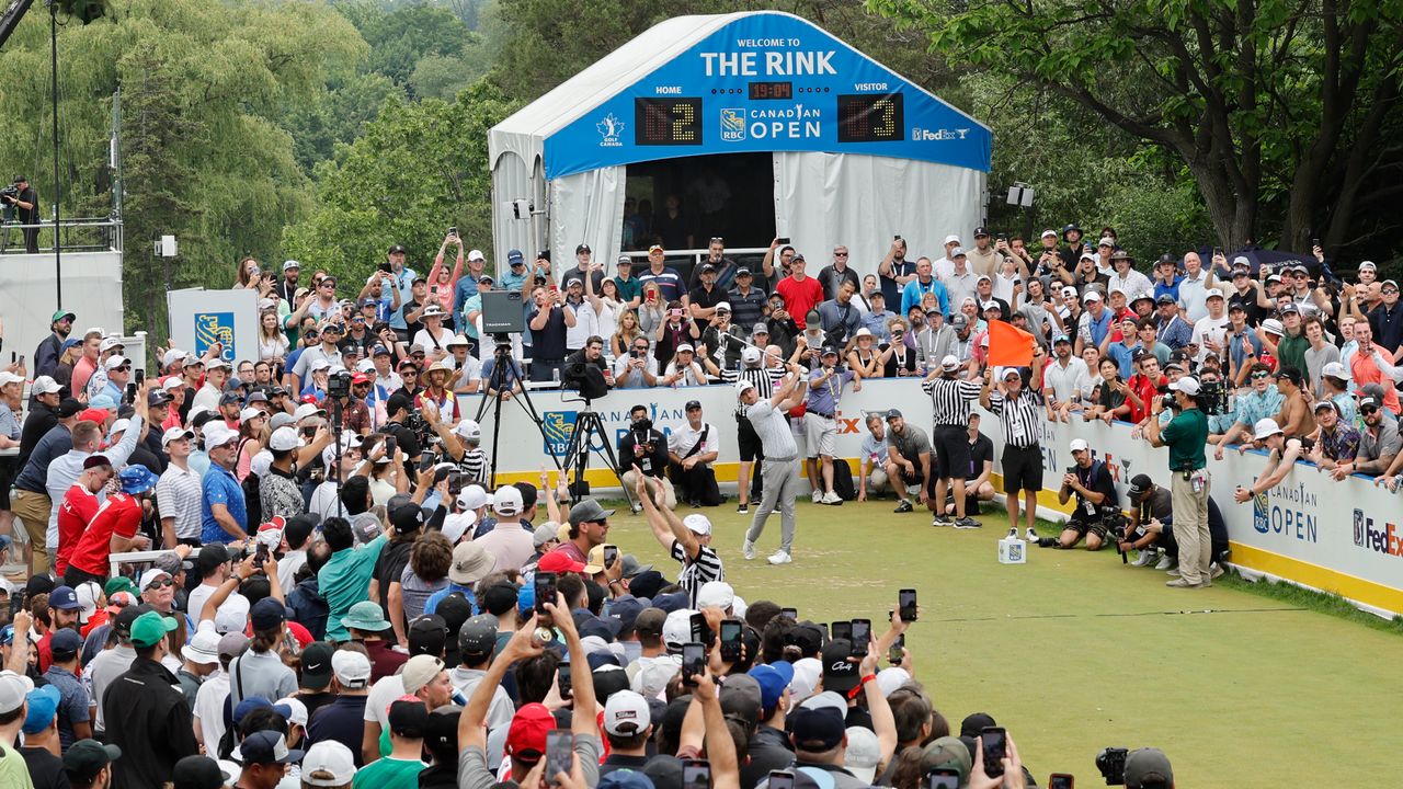 Canadian Nick Taylor tees off among a huge crowd surrounding The Rink during the 2023 Canadian Open