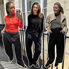 A collage of Who What Wear UK fashion editors trying on the best black tailored trousers.