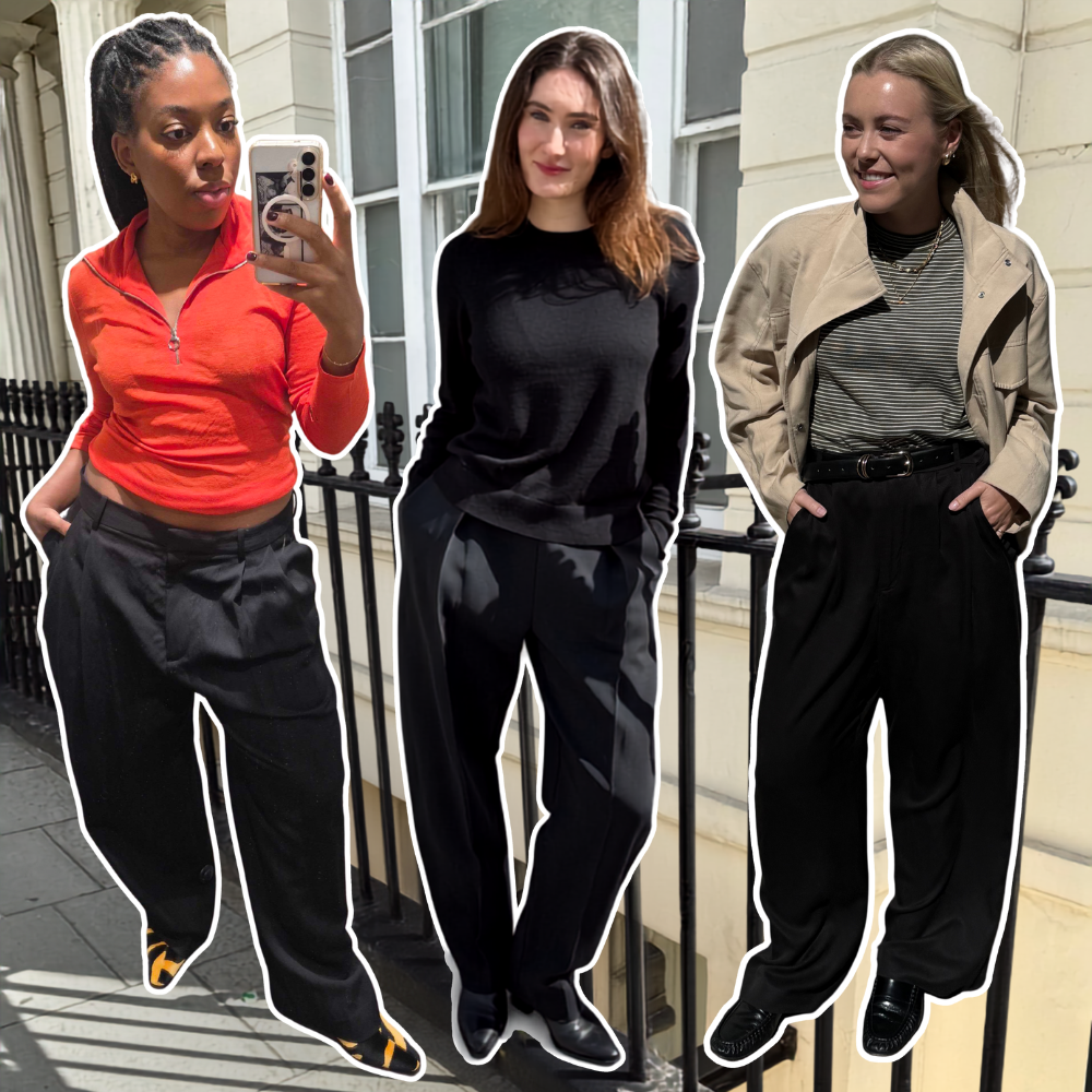 A collage of Who What Wear UK fashion editors trying on the best black tailored trousers.