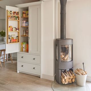 white kitchen with wooden flooring and fire place