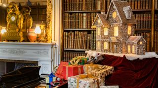 Room at Chatsworth House with a pile of Christmas presents