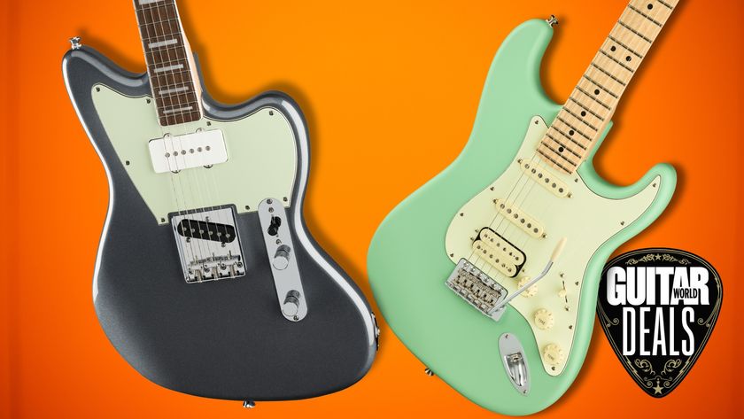 A Fender Strat and Squier Paranormal Offset Telecaster on an orange background