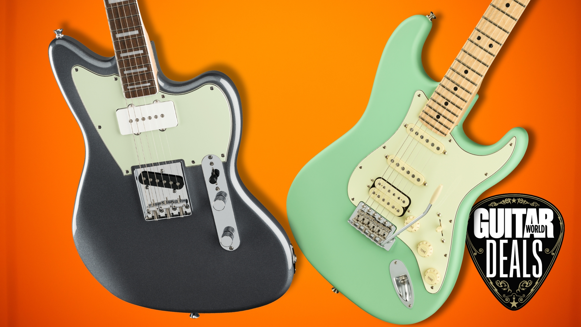 A Fender Strat and Squier Paranormal Offset Telecaster on an orange background