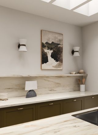 kitchen marble worktop with lamp and green cabinet