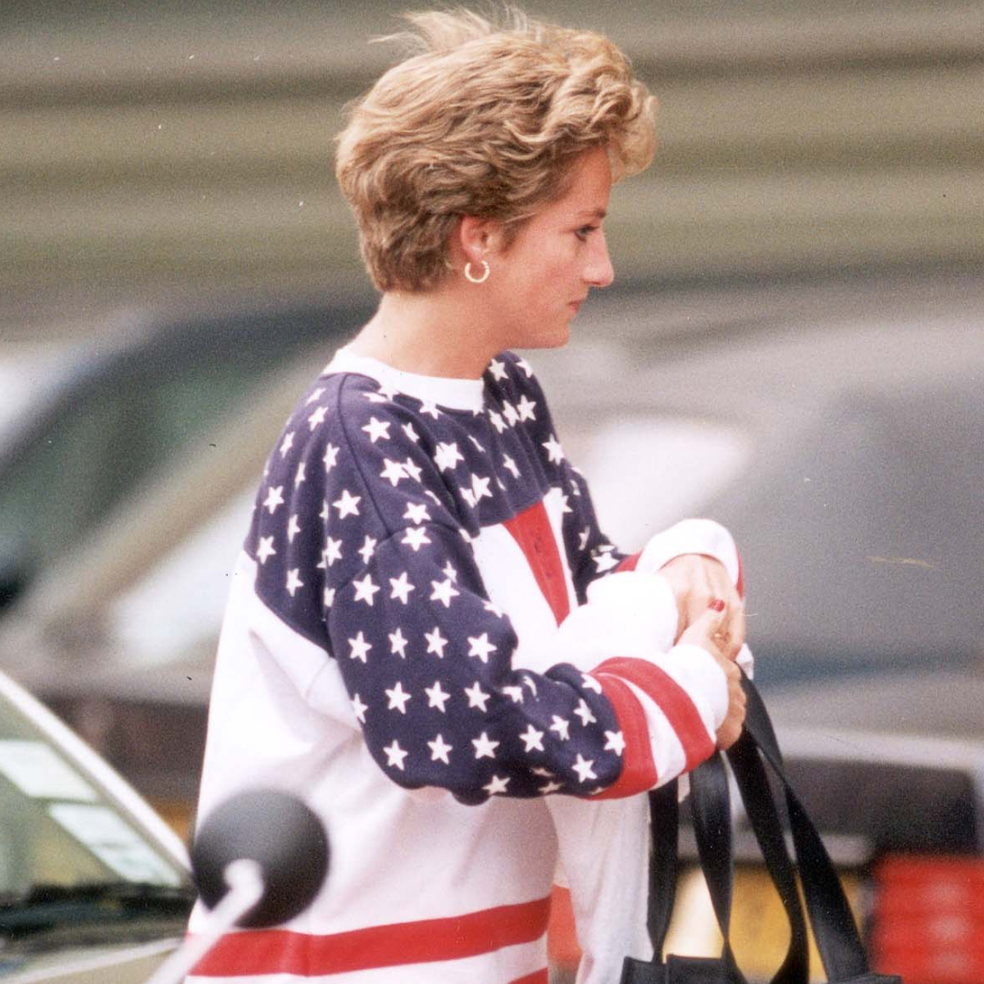 Princess Diana wearing an American flag sweatshirt