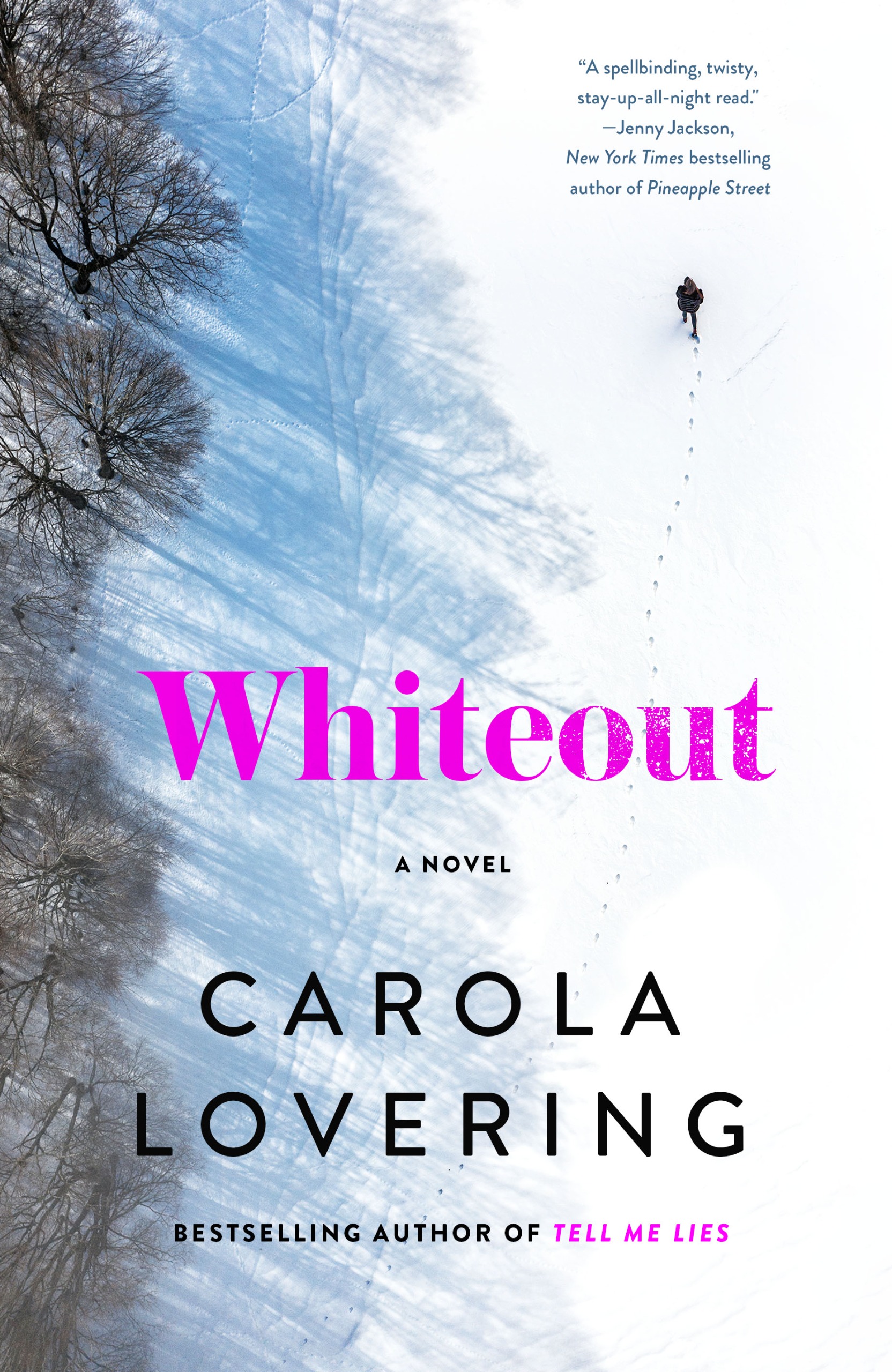 the cover of the thriller whiteout by carola lovering featuring a person walking in the snow alongside a line of trees and their shadow