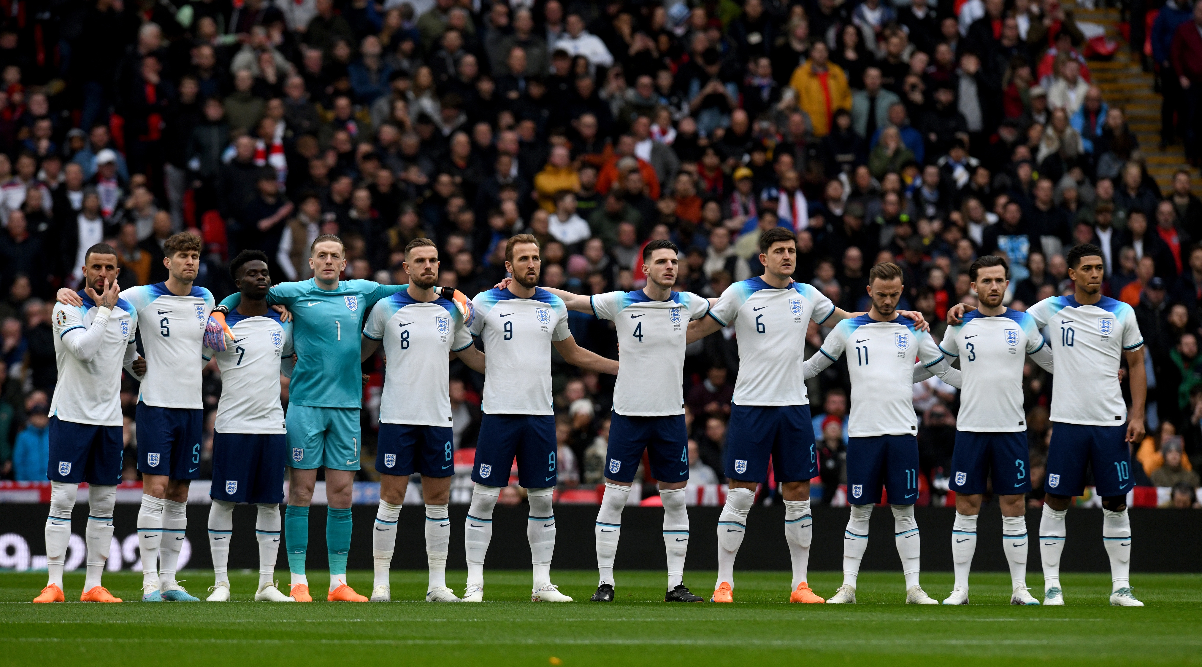  LONDON, ENGLAND - March 26: England avid gamers line up earlier than the UEFA EURO 2024 Qualifying Spherical Neighborhood C match between England and Ukraine at Wembley Stadium on March 26, 2023 in London England. (Photo by Nigel French/Sportsphoto/Allstar by technique of Getty Photos)