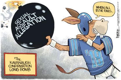 Political cartoon U.S. democrats sexual assault allegation Brett Kavanaugh supreme court confirmation football