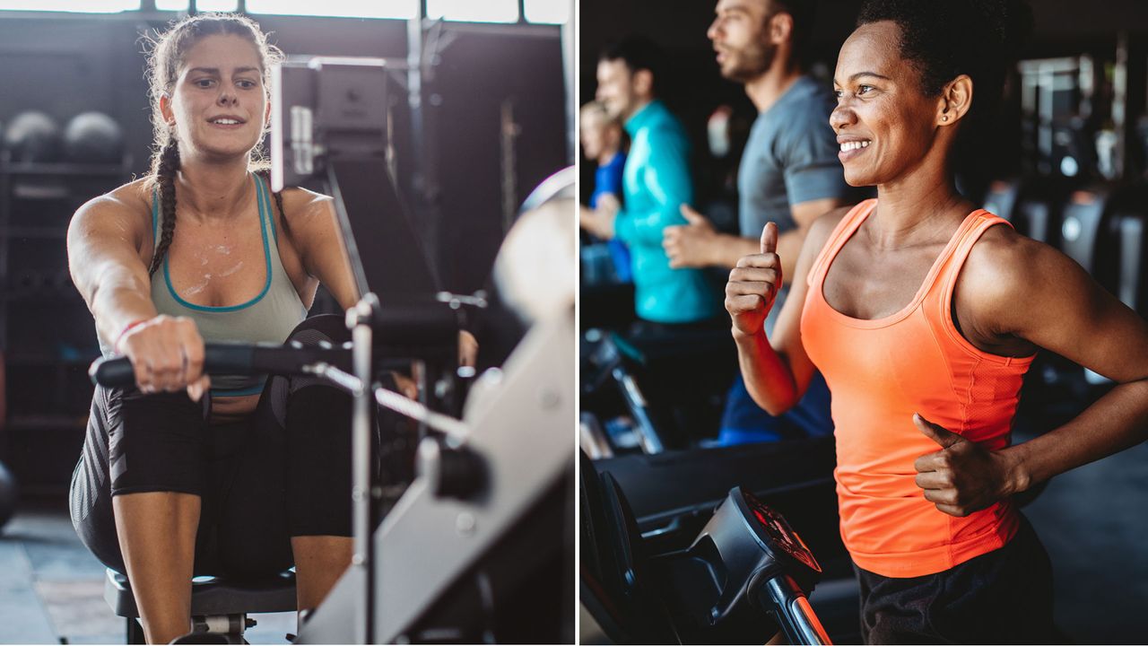 Rowing vs Running: image shows women rowing and running in gym