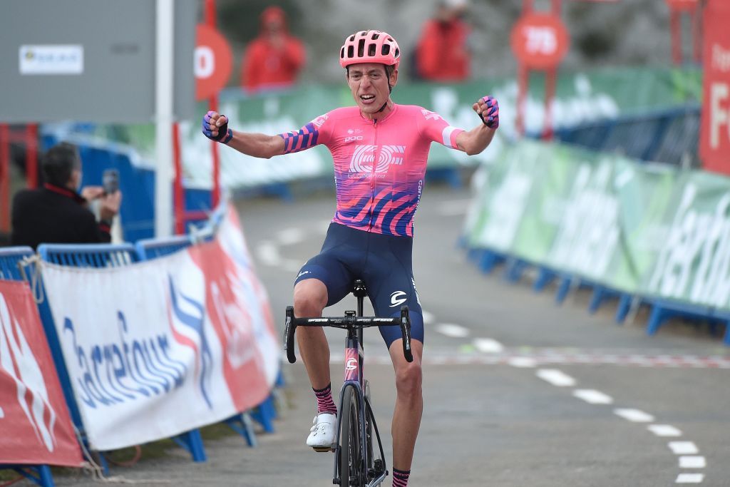 EF Pro Cyclings British rider Hugh Carthy celebrates as he crosses the finishline of the 12th stage of the 2020 La Vuelta cycling tour of Spain a 1094km race from Pola de Laviana to Alto de lAngliru on November 1 2020 Photo by MIGUEL RIOPA AFP Photo by MIGUEL RIOPAAFP via Getty Images