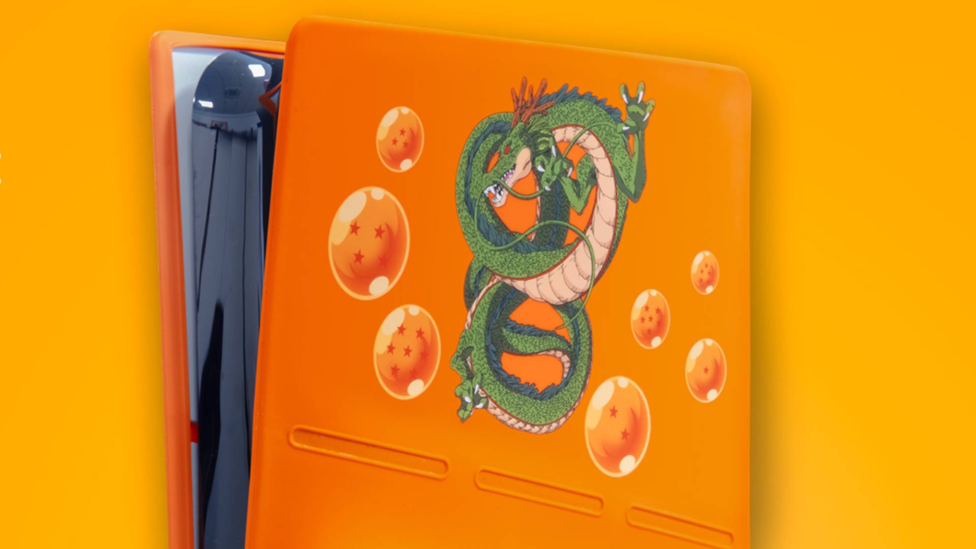 Official image of the back of the FRTEC Dragon Ball Z Silicone PS5 cover, with an orange background.