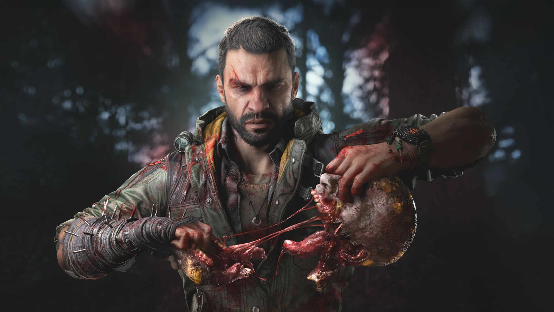 Dying Light: The Beast key promotional art of Kyle ripping a zombie heat apart by the jaw