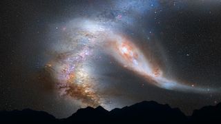 Nighttime Sky View of Future Galaxy Merger: 4 Billion Years
