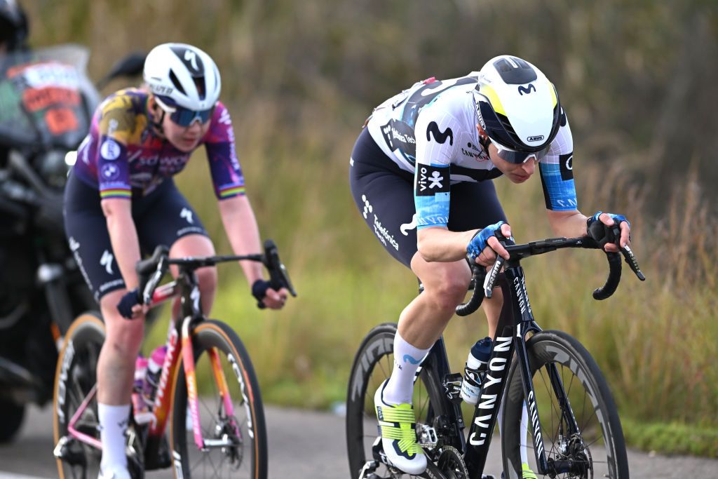 GANDIA SPAIN FEBRUARY 13 LR Anna Van Der Breggen of Netherlands and Team SD Worx Protime and Marlen Reusser of Switzerland and Movistar Team compete in the chase group during the 9th Setmana Ciclista Volta Femenina de la Comunitat Valenciana 2025 Stage 1 a 112km stage from Alzira to Gandia on February 13 2025 in Gandia Spain Photo by Szymon GruchalskiGetty Images