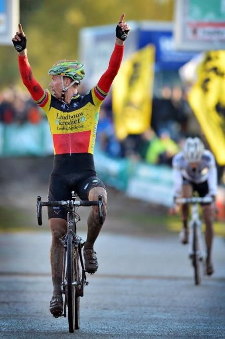 Belgian champion Sven Nys celebrates victory at Superprestige Zonhoven on November 4, 2012