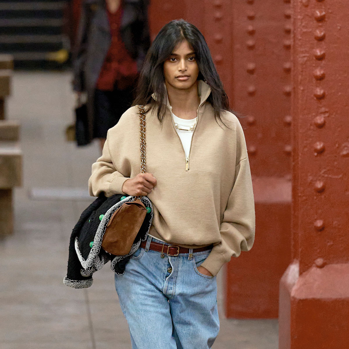Chanel runway look with a quarter-zip sweater