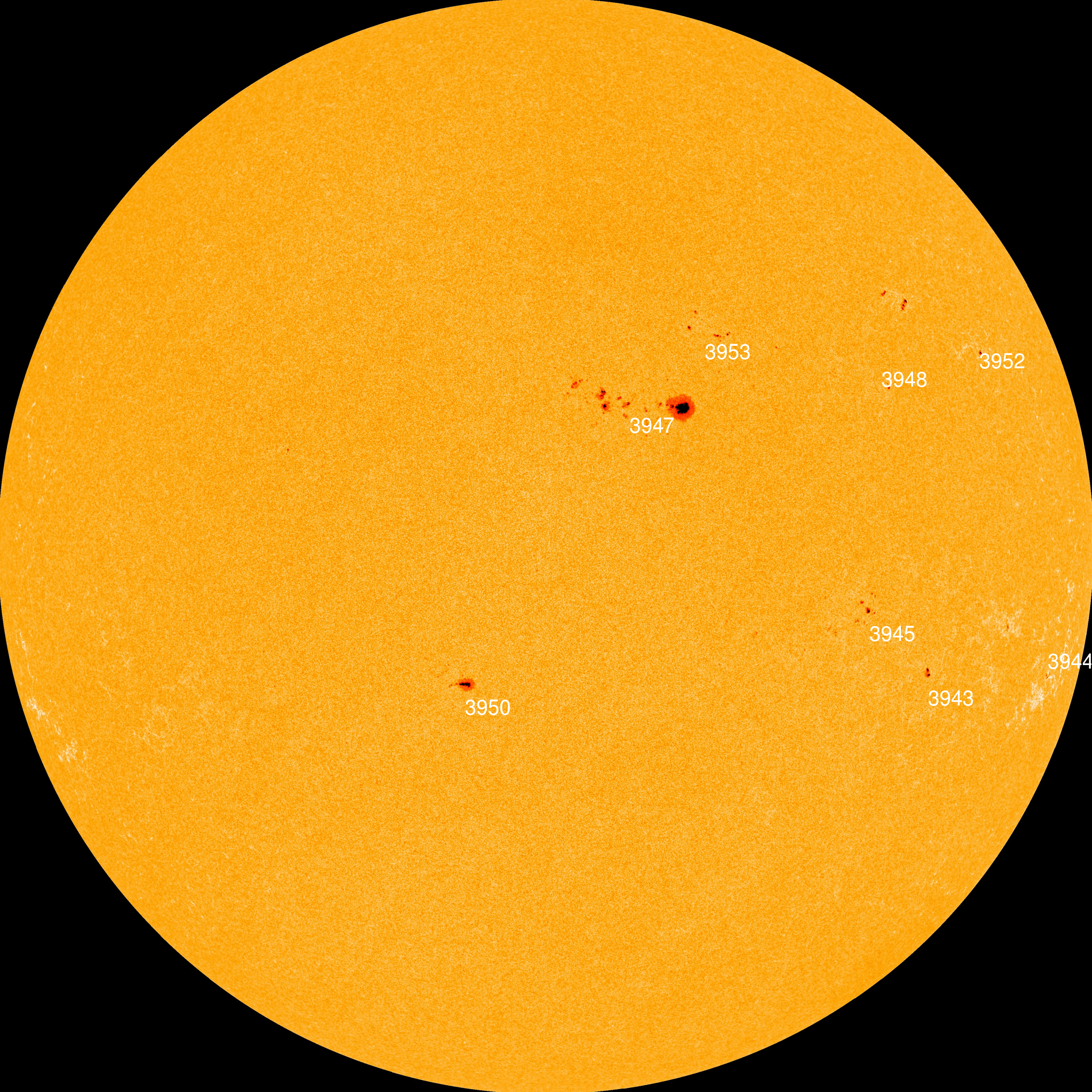 sunspot regions on the sun today, they are all labelled. There is a distinct lack of sunspots on the left side of the sun.