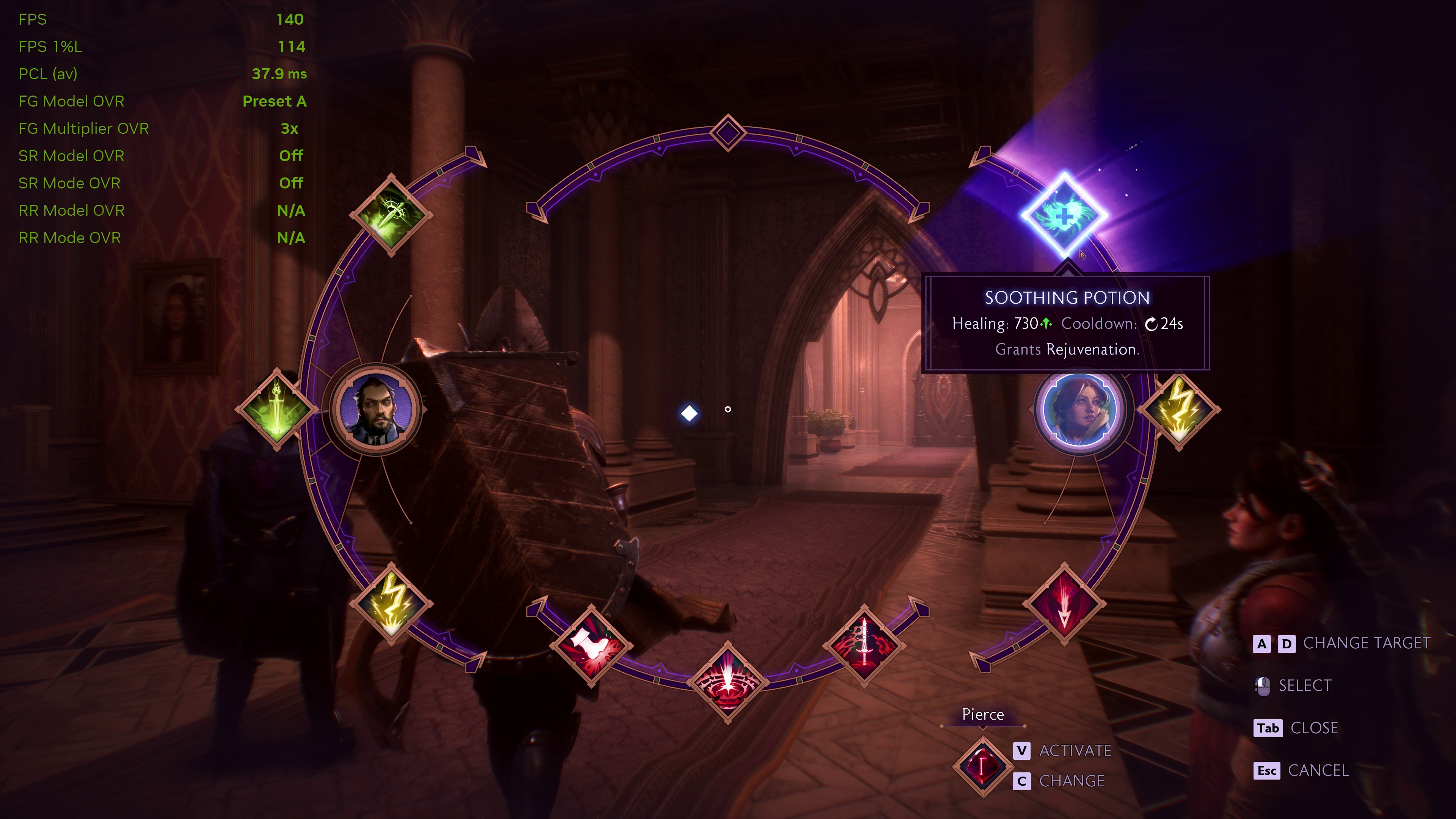 A screenshot of Dragon Age: The Veilguard, using DLSS 4.5 3x Multi Frame Generation Preset A