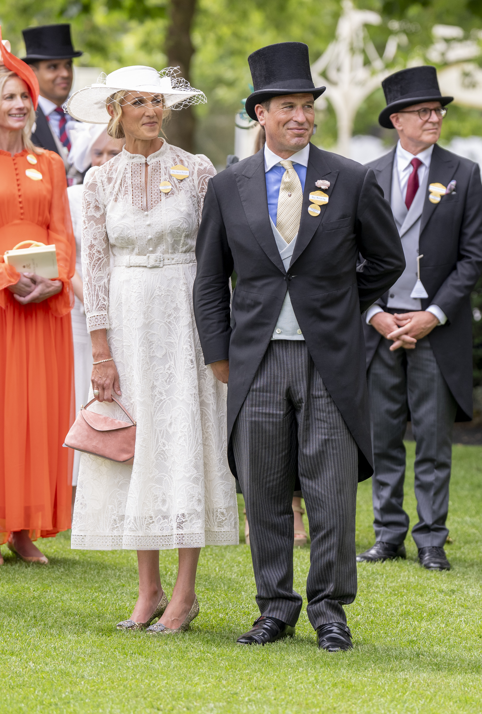 Harriet Sperling wears a bridal white lace dress from a Princess Kate-approved label for Day 5 of Royal Ascot 2026 at Ascot Racecourse on June 20, 2026