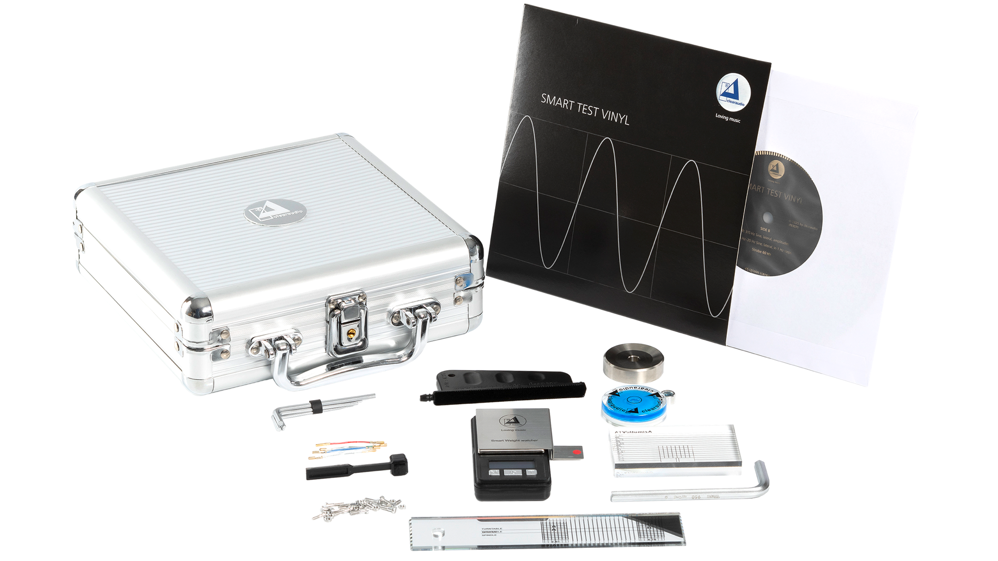 Clearaudio Mini Toolkit with the tools spread out in front of the closed case