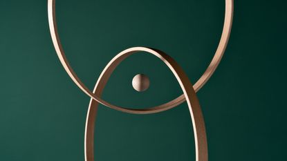 A wooden sphere in the center of intersecting rings against a green background.