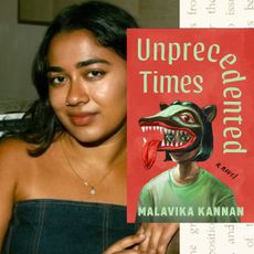 a split image of author malavika kannan posing while leaning against a chair and wearing a black tube top opposite the cover of her novel unprecedented times