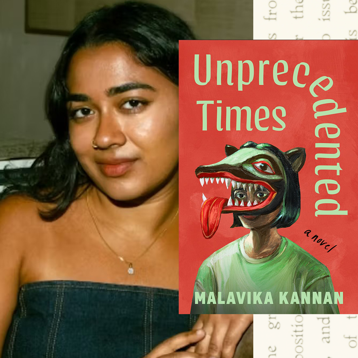a split image of author malavika kannan posing while leaning against a chair and wearing a black tube top opposite the cover of her novel unprecedented times