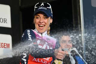 WAREGEM BELGIUM MARCH 27 Letizia Paternoster of Italy and Team LivAlUla Jayco celebrates at podium as third place winner during the 12nd Dwars door Vlaanderen 2024 Womens Elite a 1299km one day race from Waregem to Waregem on March 27 2024 in Waregem Belgium Photo by Luc ClaessenGetty Images