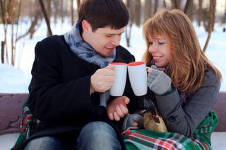 hot chocolate, couple, happy, winter