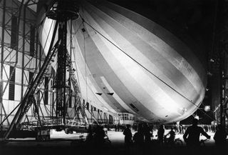 The airship "Hindenburg" (LZ-129) in its hangar during preparations for a voyage on Aug. 9, 1936.