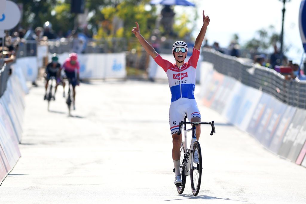 LORETO ITALY SEPTEMBER 13 Arrival Mathieu Van Der Poel of The Netherlands and Team AlpecinFenix Celebration during the 55th TirrenoAdriatico 2020 Stage 7 a 181km stage from Pieve Torina to Loreto 114m TirrenAdriatico on September 13 2020 in Loreto Italy Photo by Justin SetterfieldGetty Images