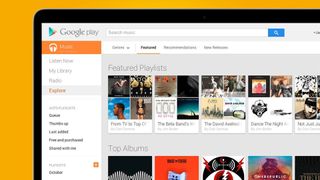 A laptop on an orange background showing Google Play Music