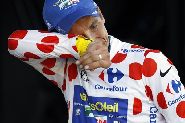 New KOM leader Johnny Hoogerland is overcome with emotion on a day which he suffered a serious crash while riding in the winning break.