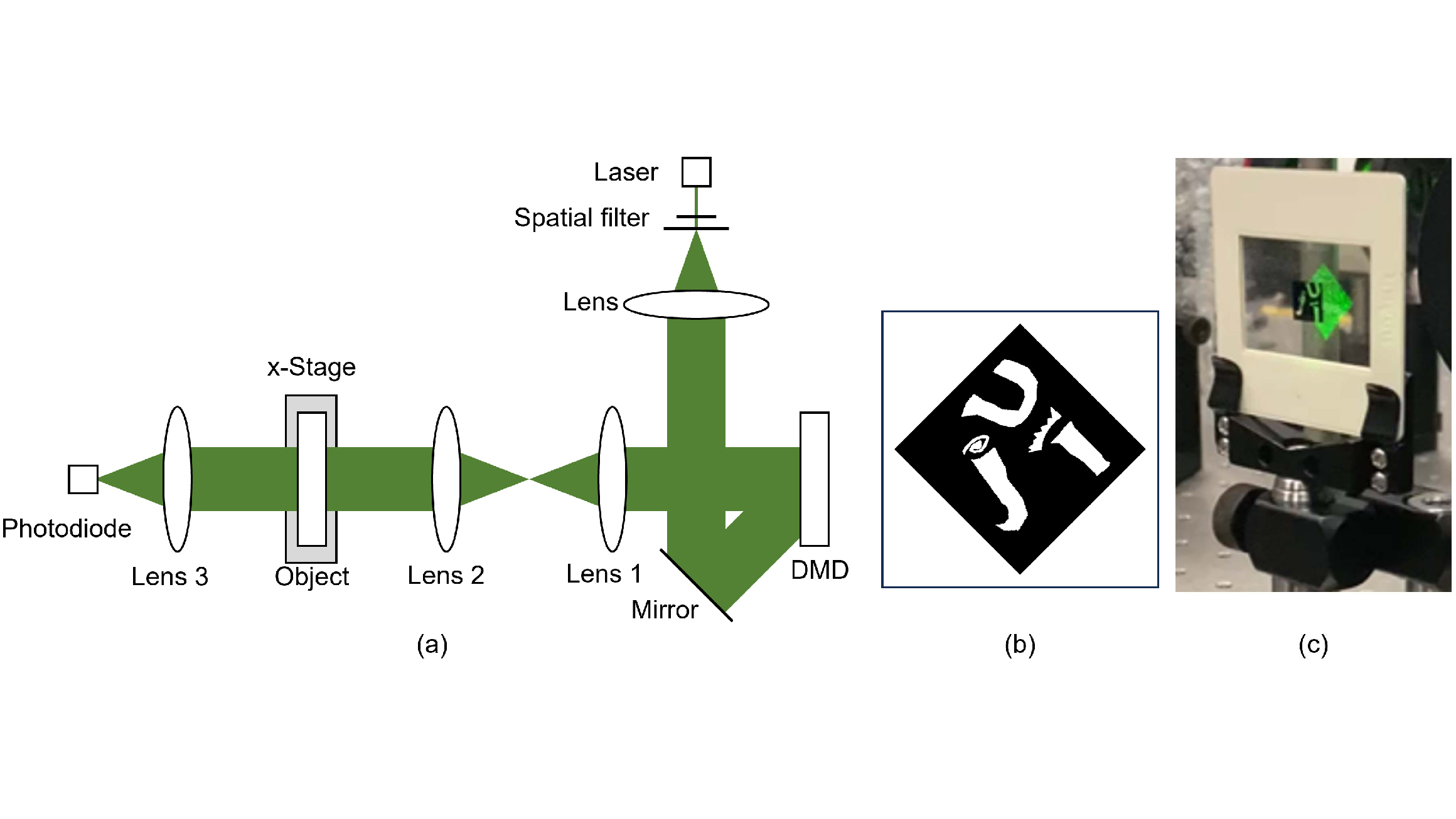 Diagram of an optical setup with lasers, lenses, and a DMD, alongside an image of a green holographic emblem