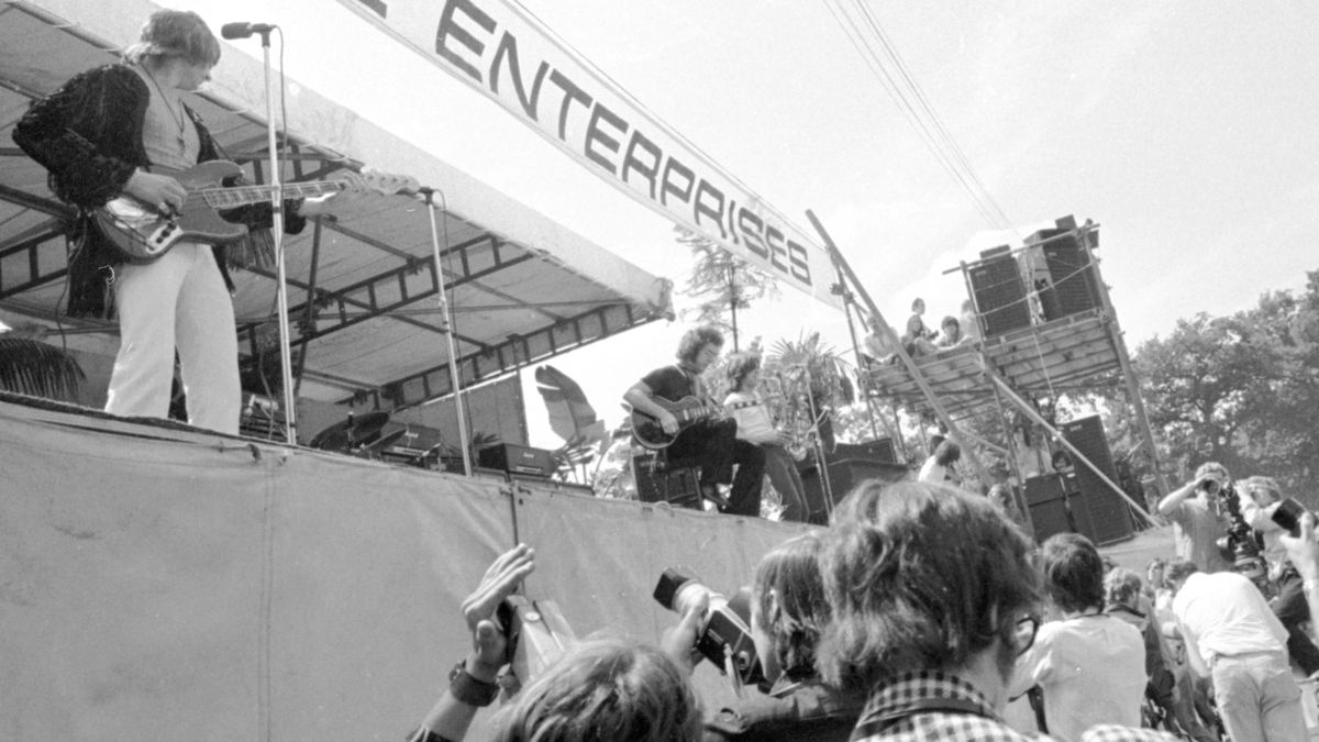 King Crimson performing on stage in the afternoon during the concert in Hyde Park, which was headlined by the Rolling Stones. 5th July 1969. 